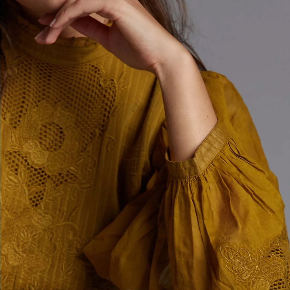 Anthropologie Olive Lace-Inset Balloon Sleeve Blouse - Picture 4 of 10